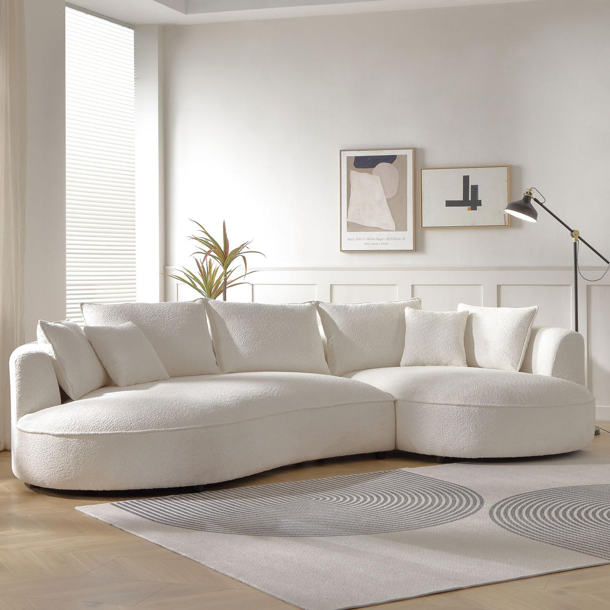 100inch Curved Sofa, 4-Seater Modern Cloud Couch with 4 Throw Pillows, Solid Wood Frame & Soft Boucle Upholstery, Sectional Sofa for Living Room,Apartment, Cream White (No Assembly Required)