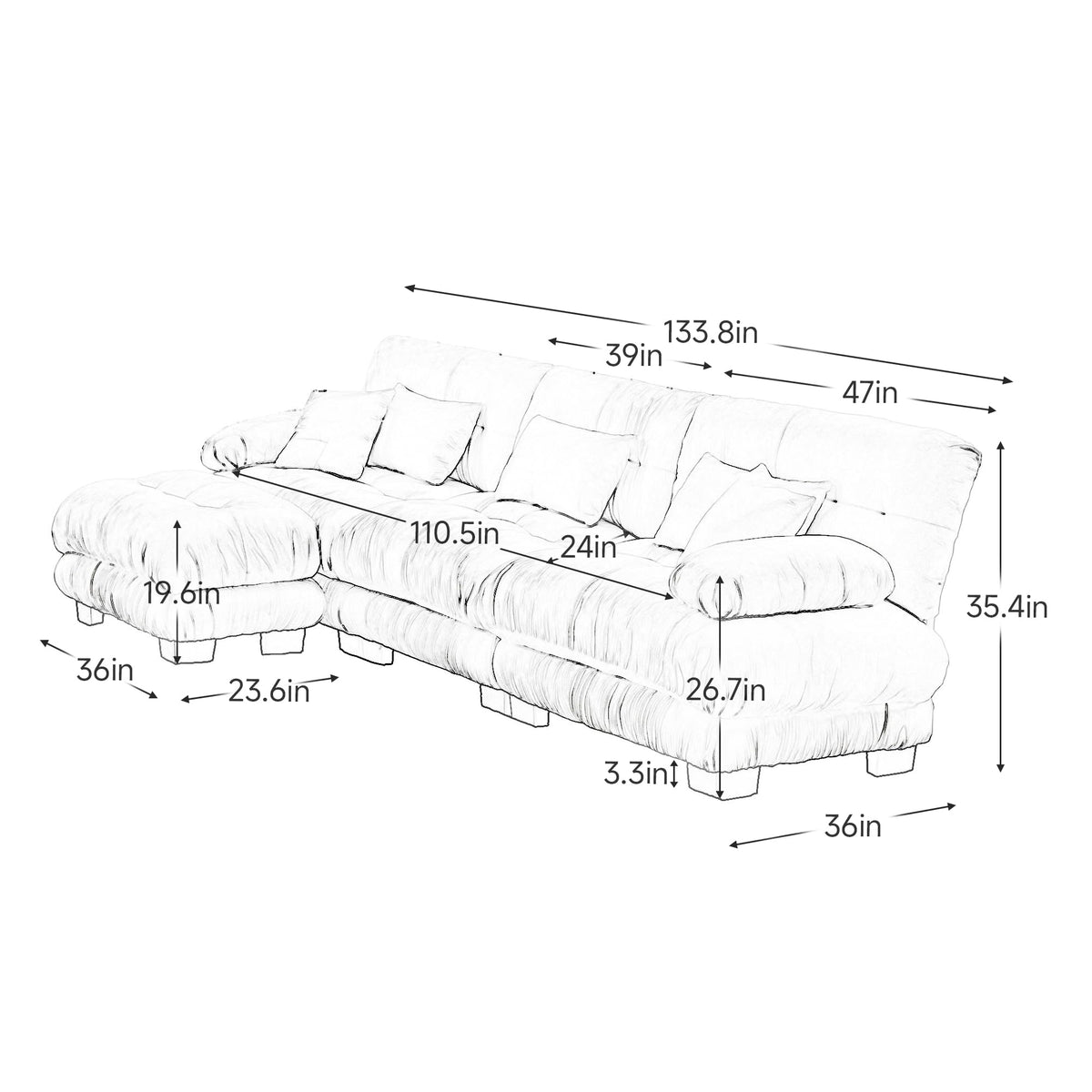 134" Oversized 3 Seater L Shaped Modular Sectional Sofa, Large Sectional Couches for Living Room, Chenille Cloud Couch with Pillows, Living Room Deep Seat Sofas with 3 Seats & 1 Ottoman, Pink