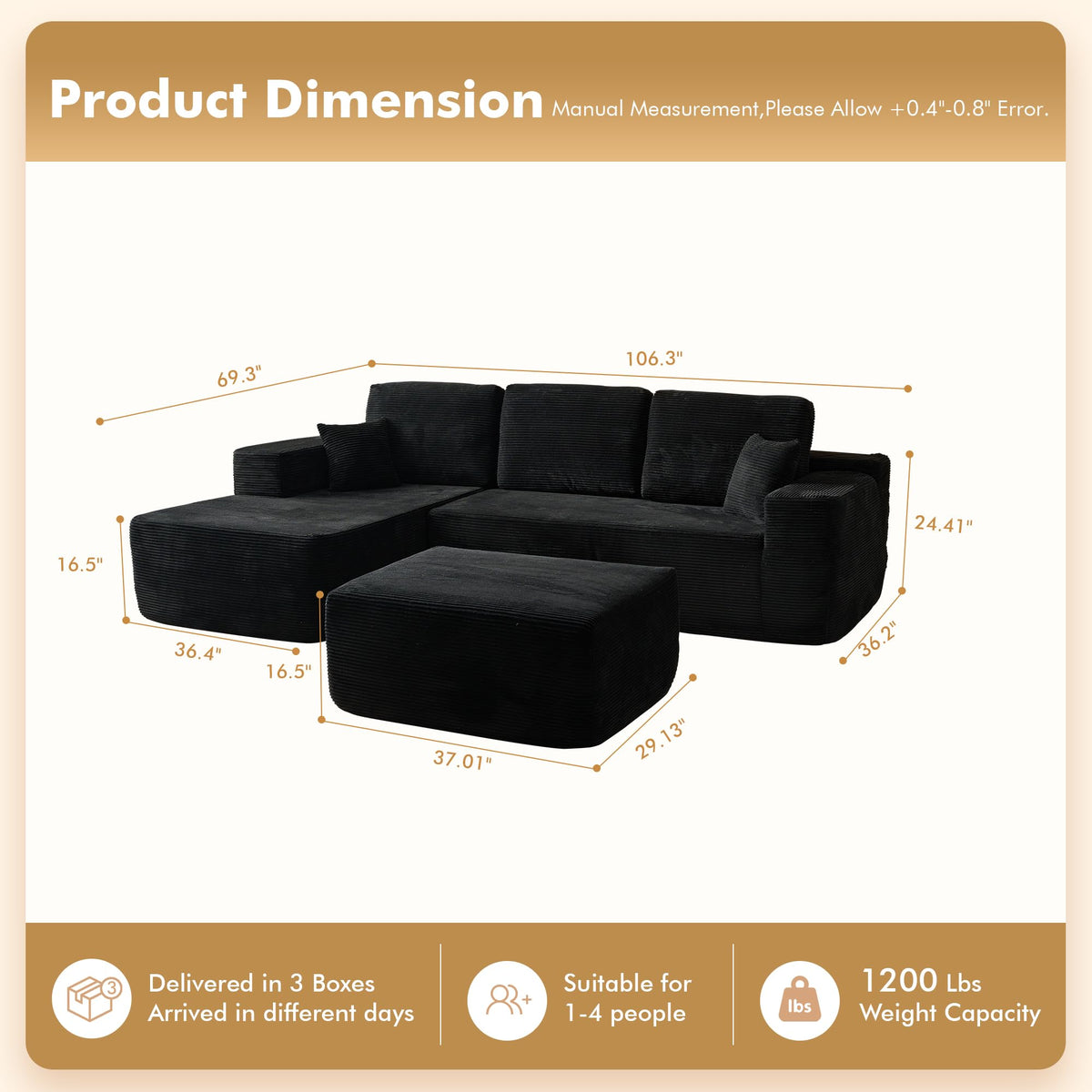 106" Cloud Sectional Couch with L-Shape Chaise & Ottoman, No Assembly Modular Sofa, Deep Seat Plush Corduroy Boneless Couched for Living Room (Black Plush Corduroy, L Shape with Ottoman-Left Facing)