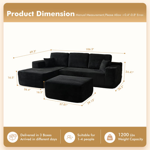 106" Cloud Sectional Couch with L-Shape Chaise & Ottoman, No Assembly Modular Sofa, Deep Seat Plush Corduroy Boneless Couched for Living Room (Black Plush Corduroy, L Shape with Ottoman-Left Facing)