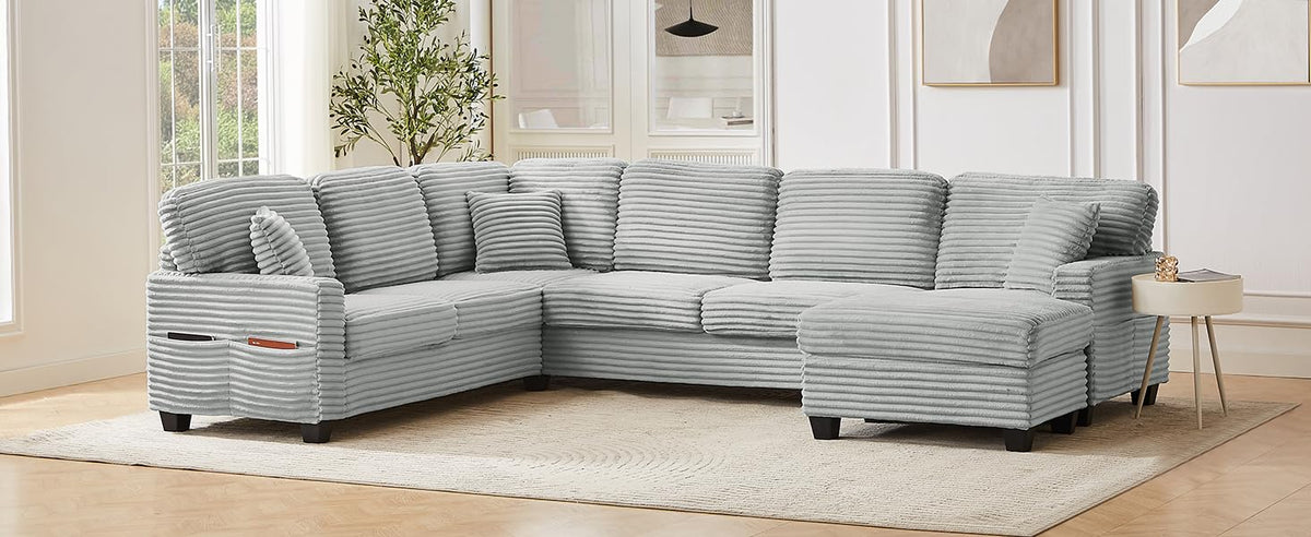 Tidyard Sectional Sofa U-Shaped 125.? L-Shaped Couch with Movable Ottoman & Side Storage Pockets, Grey Corduroy Upholstered Living Room Sofa