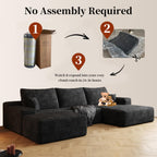 107" U-Shaped Cloud Sectional Couch with Ottoman for Living Room, Boneless Sofa, Compressed Sofa, No Assembly Required, Black Corduroy, Right Chaise