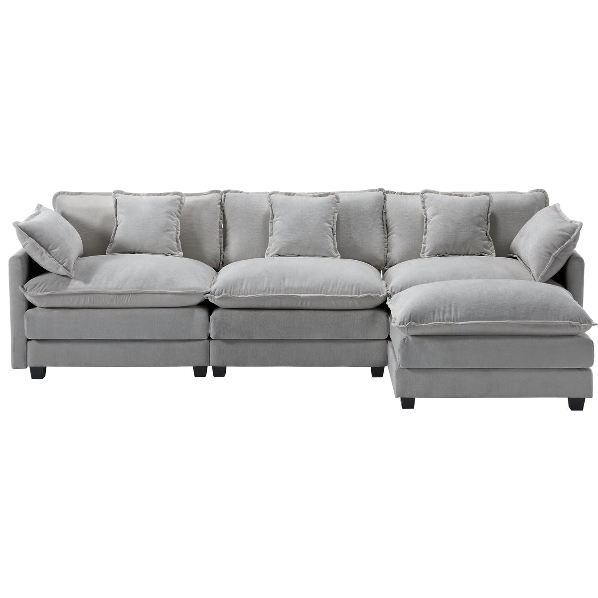 Urhanherry 111.4” L Shape Cloud Couch, Modular Sectional Sofa with Movable Ottoman, 3-Seater Chenille Couches Deep Seat with Throw Pillows for Living Room Apartment （Grey）