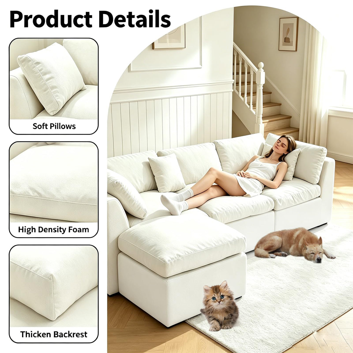 112.5" Modular Sectional Sofa, Chenille L Shaped Cloud Sectional Couch with Movable Ottoman & Deep Seat, 4 Seat Couches with 4 Pillows for Living Room, Apartment, Office, 1200LBS Capacity, Beige
