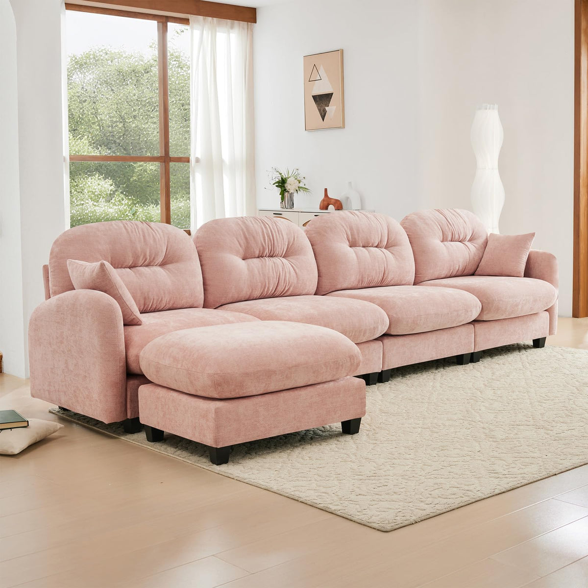 107" L Shaped Couch, Chenille Upholstered Modular Sectional Sofa, 3 Seater Deep Seat Sofa with Movable Ottoman, Modern Cloud Couch with Thick Seat Cushion, Sectional Couches for Living Room, Pink