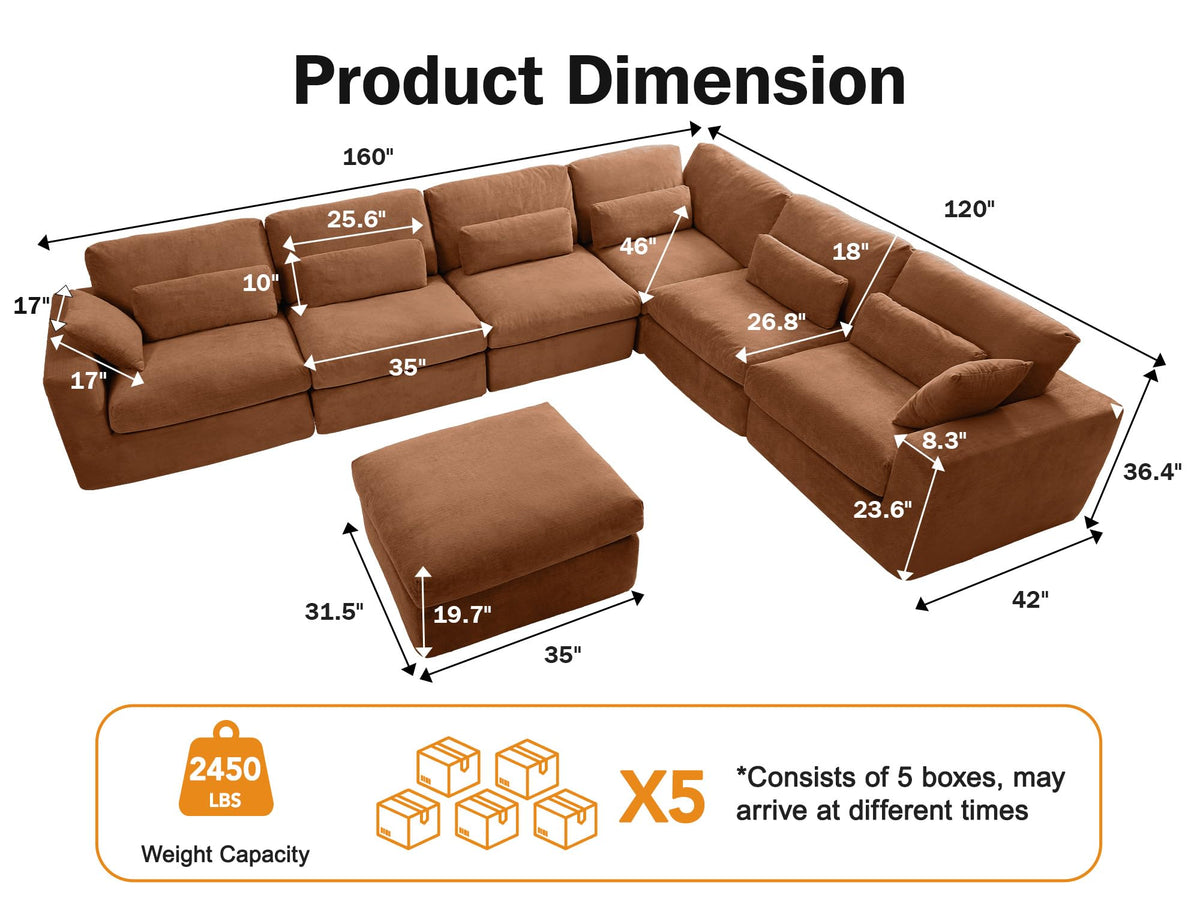 Vipbear 160" Oversized Modular Sectional Sofa, Boneless Couch for Living Room, Modern Comfy 7 Seat V Shaped Cloud Couch Sectional with Ottoman, Lumbar Pillows, 26.8" Extra Deep Seat,Terracotta Orange