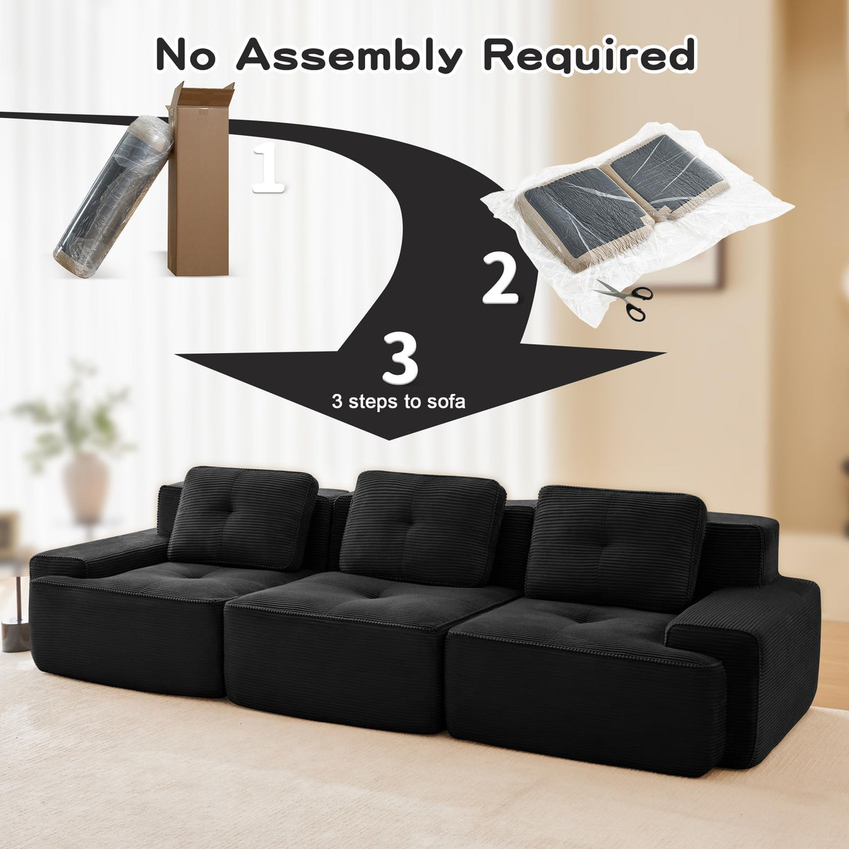 Tidyard 11? Modern Modular Sectional Sofa for Living Room, Corduroy Fabric, Oversized 3-Seater Couch with Deep Seat, Pearl Piping, Tufted Design, No Assembly, Anti-Slip Base, Black