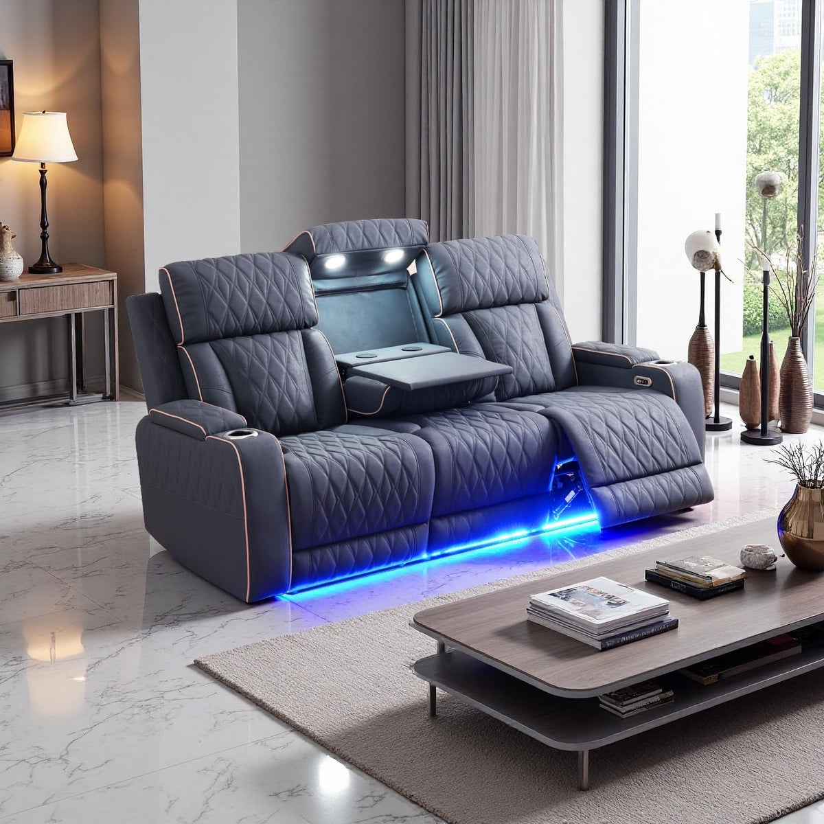 A Ainehome Power Leather Recliner Sofa Set with LED Lights, Recliner Sofa Sectional Couches for Living Room, Reclining Sofa, loveseat, Chair with USB Port/Storage Console/Cup Holder(black,3-piece set)