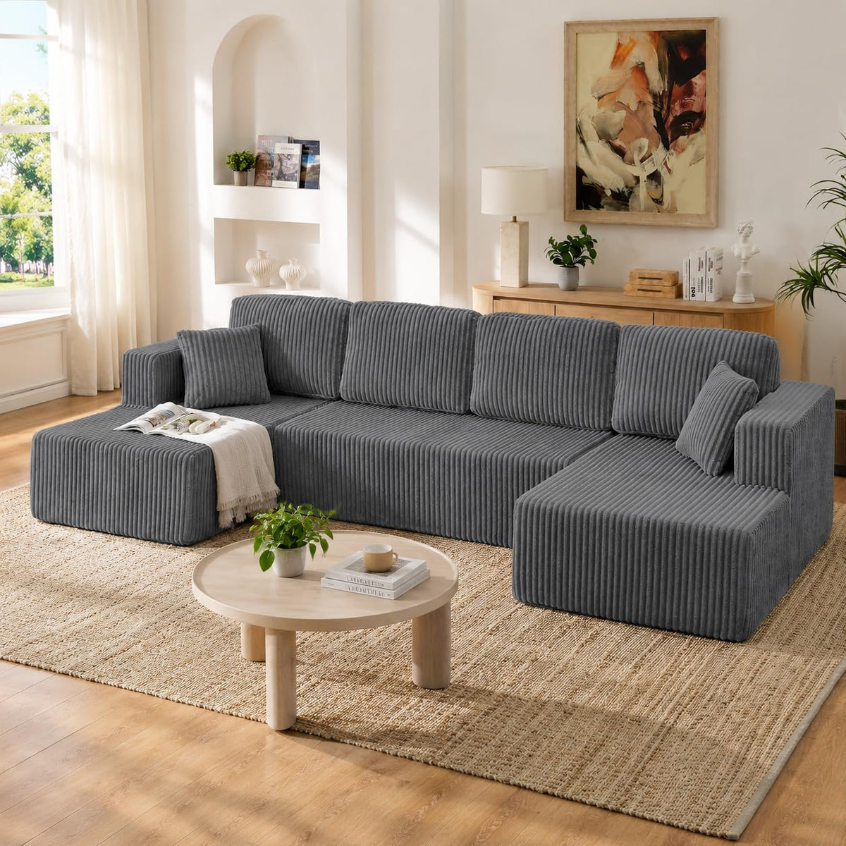 U Shape Modular Sofa Grey Corduroy 5 Seat Storage Space
