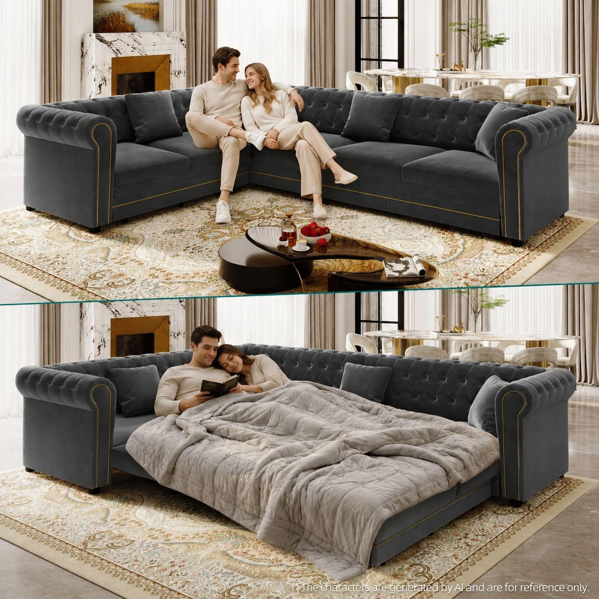 118" Sectional Sleeper Sofa with Pull Out Bed Chenille 6 Seater Couch