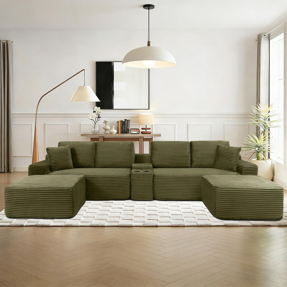 125" U Shaped Sectional Couch,Boneless Cloud Couch Featuring USB Ports,Cup Holders & Storage.Made of Corduroy Fabric and Features Two Movable Sofa Modules for Flexible Living Room Layouts. (Gray)