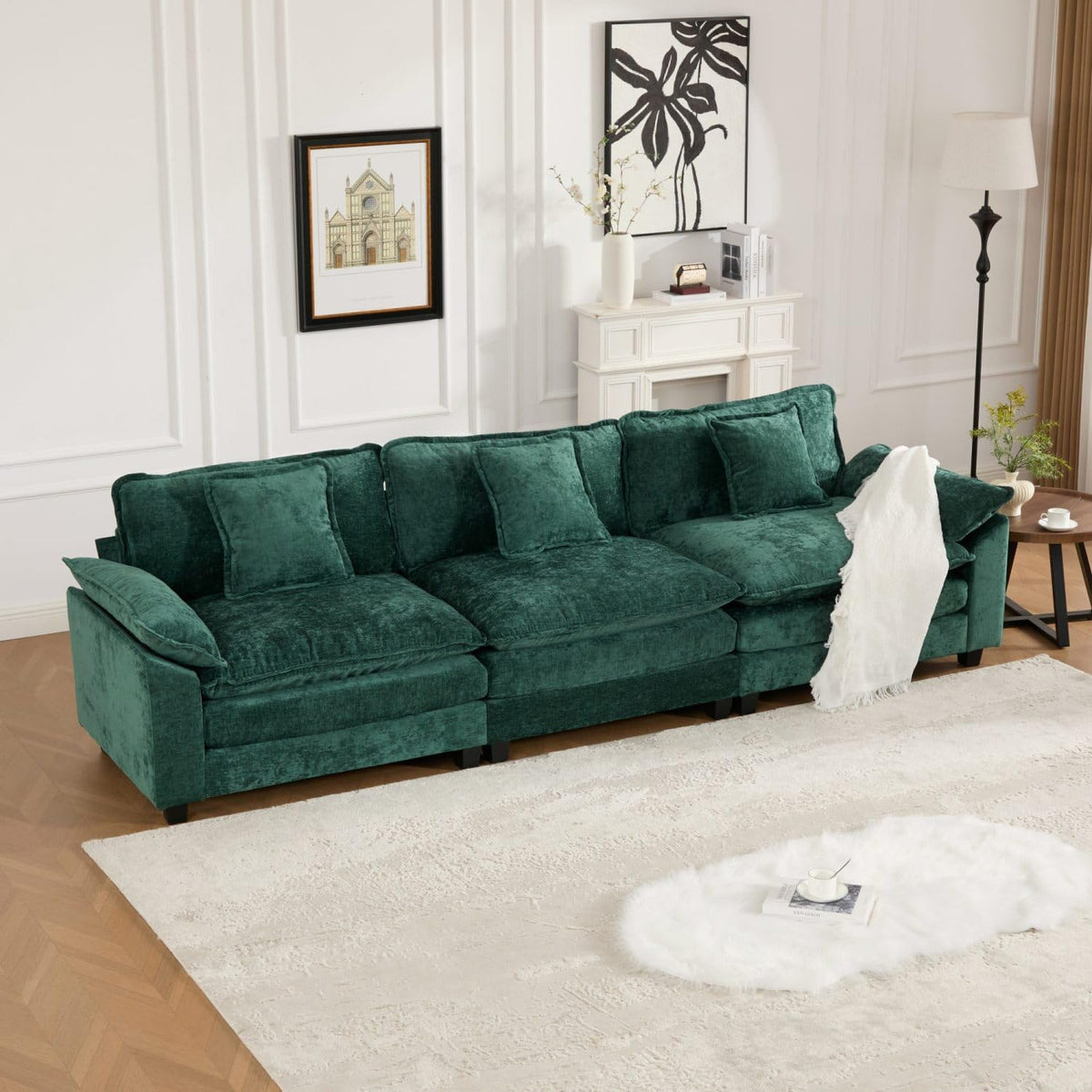 Wider Armrest 3 Seats Modern Sectional Couch Chenille Green Cloud Comfort Living Room Bedroom Apartment Comfortable Modular Sofa