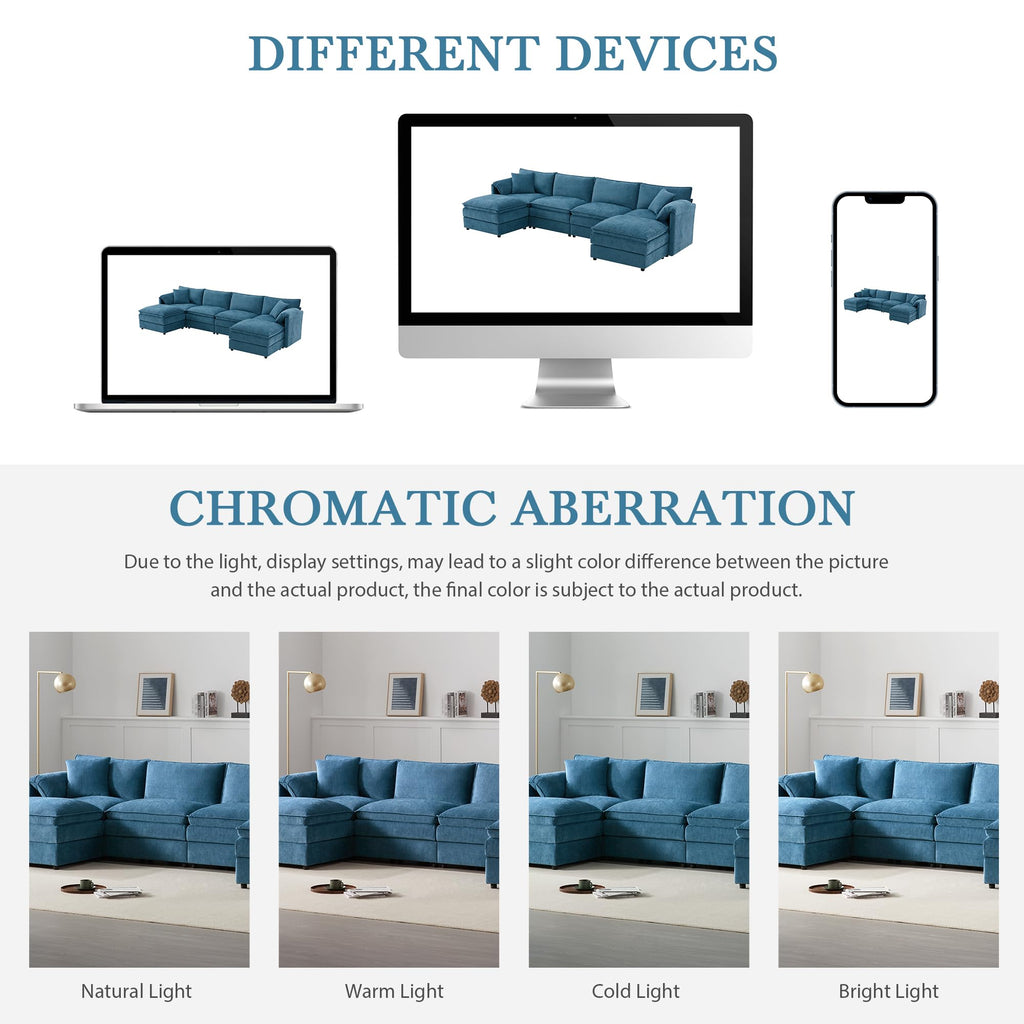 [NEW SKU of N723S1687C] 136" Chenille Modular Sectional Sofa with Deep and Wide Seat, U-Shaped Cloud Couch Set with Double Cushions, 6 Seat Sofa with Movable Ottoman, Oversized Indoor Furniture Enhan