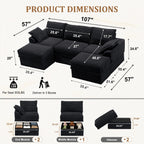Upgraded Boneless Couch with Storage, 107" Modular Sectional Sofa Couches for Living Room, Extra Deep&High 3 Seater U-Shaped Boneless Sofa with Ottoman, Tool-Free Assembly, Black