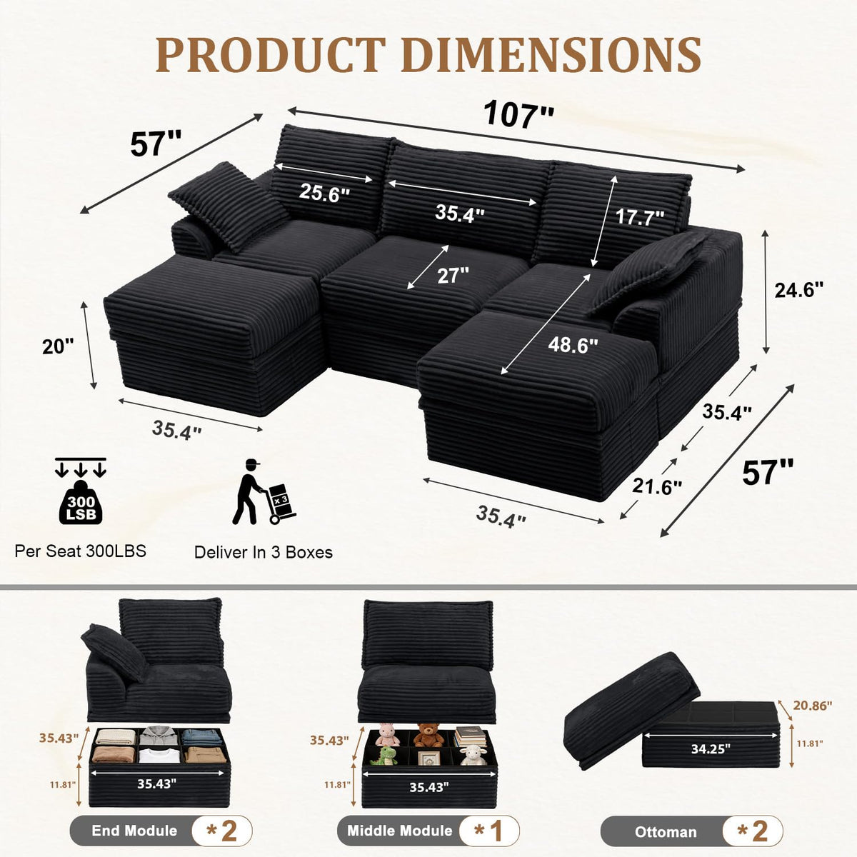 Upgraded Boneless Couch with Storage, 107" Modular Sectional Sofa Couches for Living Room, Extra Deep&High 3 Seater U-Shaped Boneless Sofa with Ottoman, Tool-Free Assembly, Black