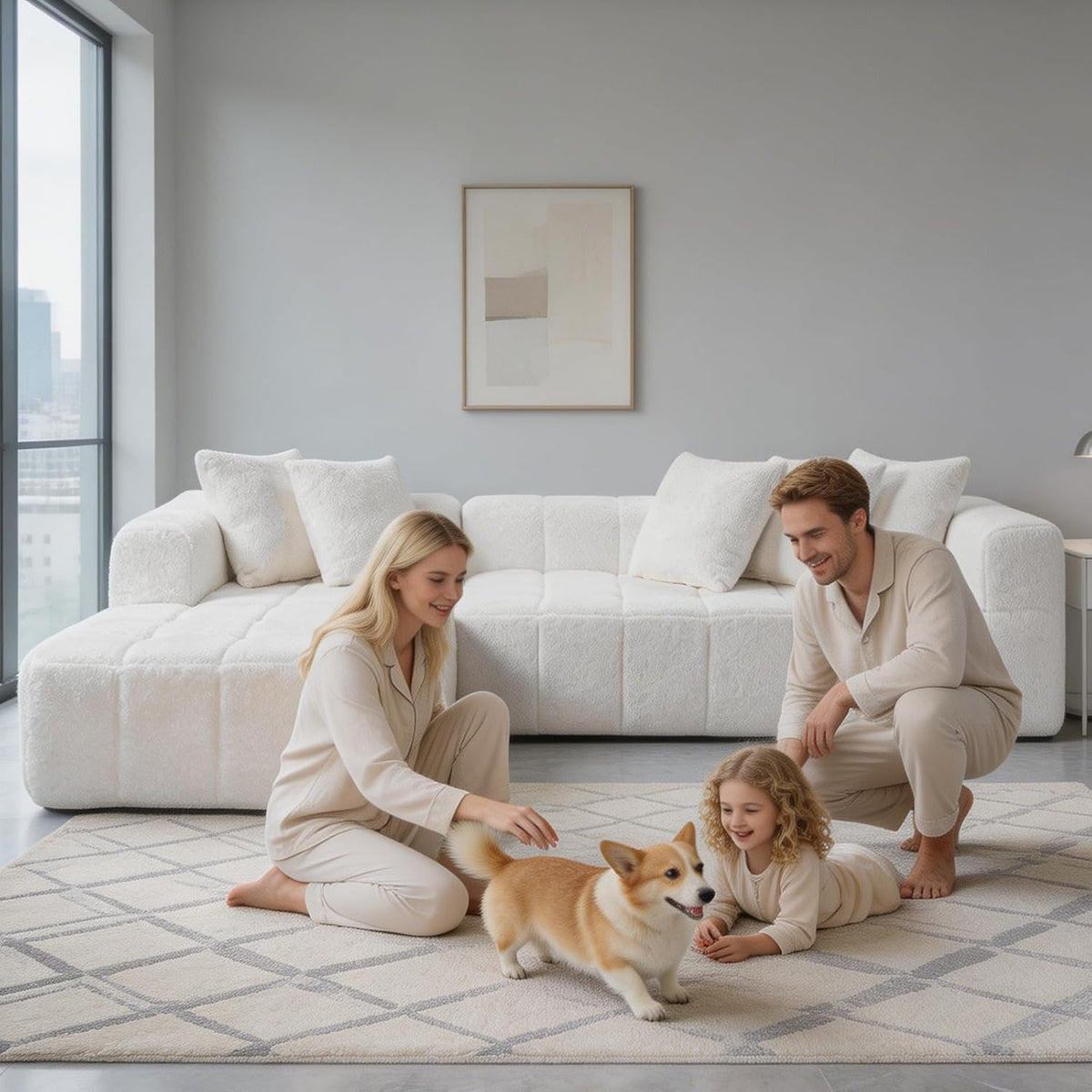 108 Inch Oversized Modular Sectional Sofa, L-Shaped Floor Couch with Extra Deep Seats, Modern Minimalist Upholstered Sofa, No Assembly Sofa Couch for Living Room, Bedroom, Apartment (Right-White)