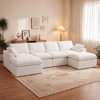 108" Boneless Cloud Couch, Modular L-Shaped Sectional with Ottoman, Beige