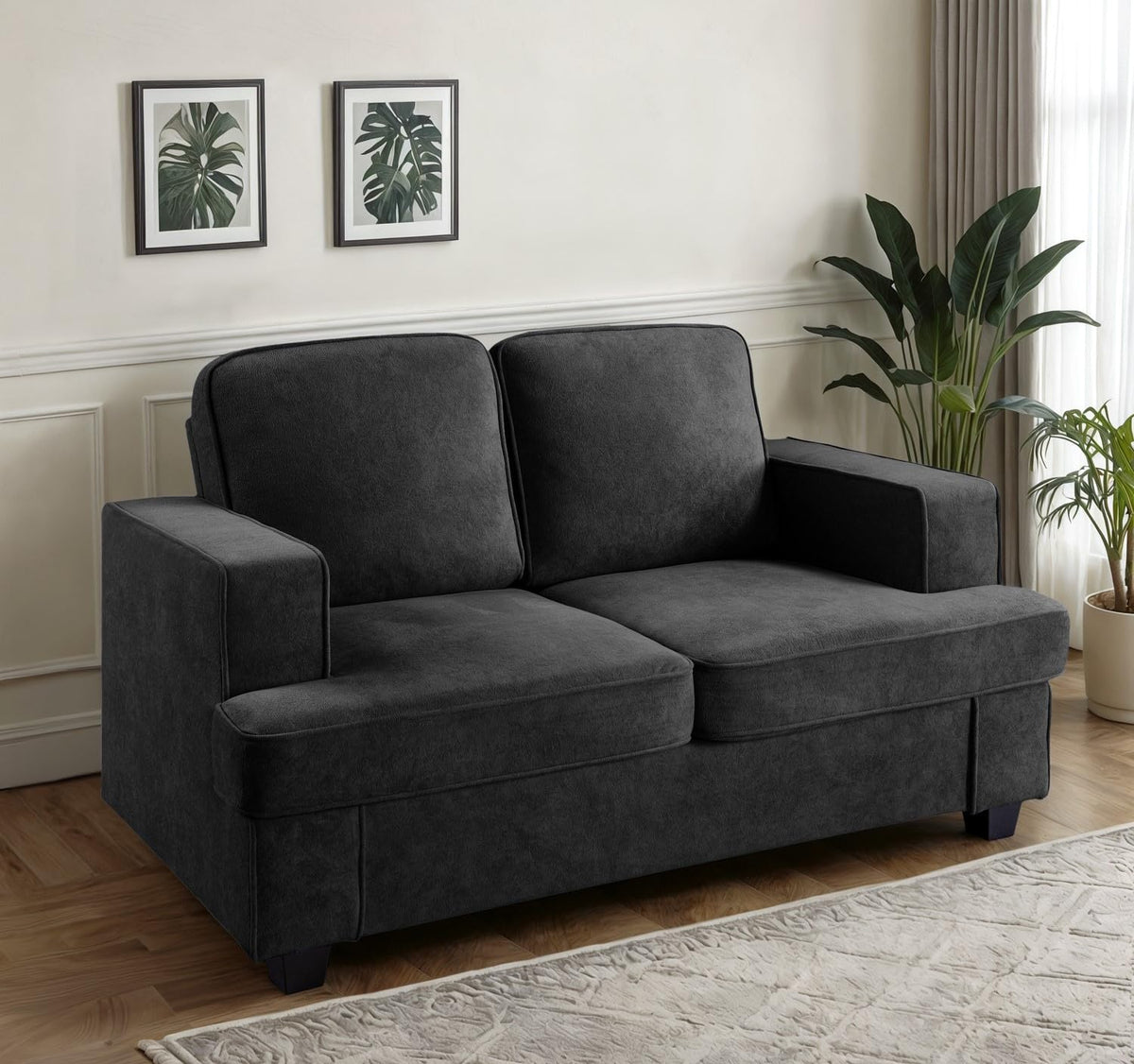 Velvet Loveseat, Comfortable 2 Seater Couch with Deep Seating and High Density Foam, Loose Back Cushions, Wide Arms, Livingfor Home, Apartment, Office, Black