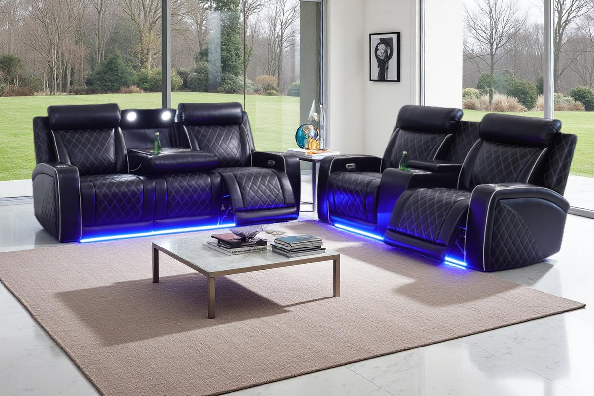 A Ainehome Power Leather Recliner Sofa Set with LED Lights, Recliner Sofa Sectional Couches for Living Room, Reclining Sofa, loveseat, Chair with USB Port/Storage Console/Cup Holder(black,3-piece set)