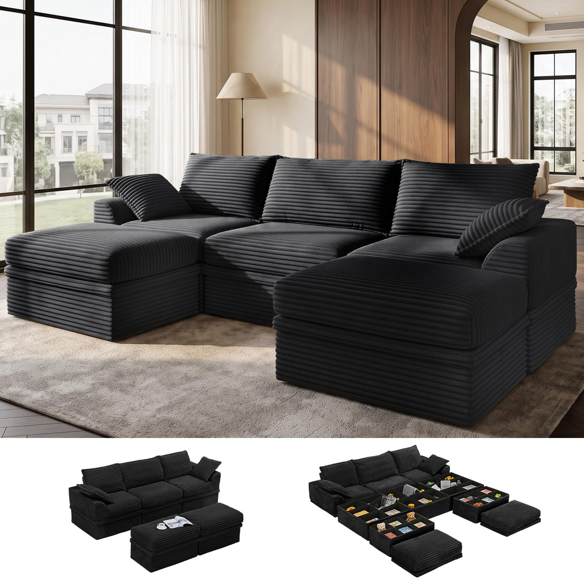Upgraded Boneless Couch with Storage, 107" Modular Sectional Sofa Couches for Living Room, Extra Deep&High 3 Seater U-Shaped Boneless Sofa with Ottoman, Tool-Free Assembly, Black