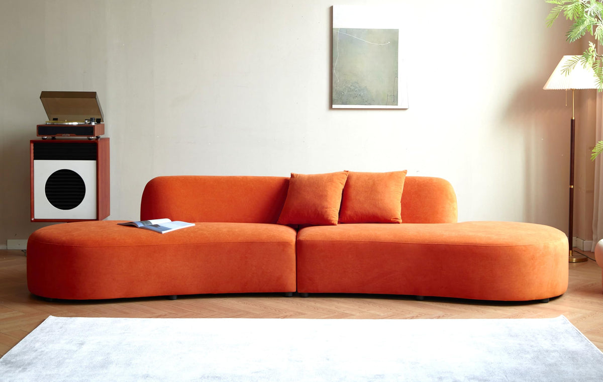 WILLIAMSPACE 132" Oversize Curved Sofa Couch for Living Room, Modern Luxury 2 Pieces Upholstered Cloud Sofa Curved Couch with Half Moon Design, Velvet 6 Seater Sofa for Apartment, No Assembly, Orange