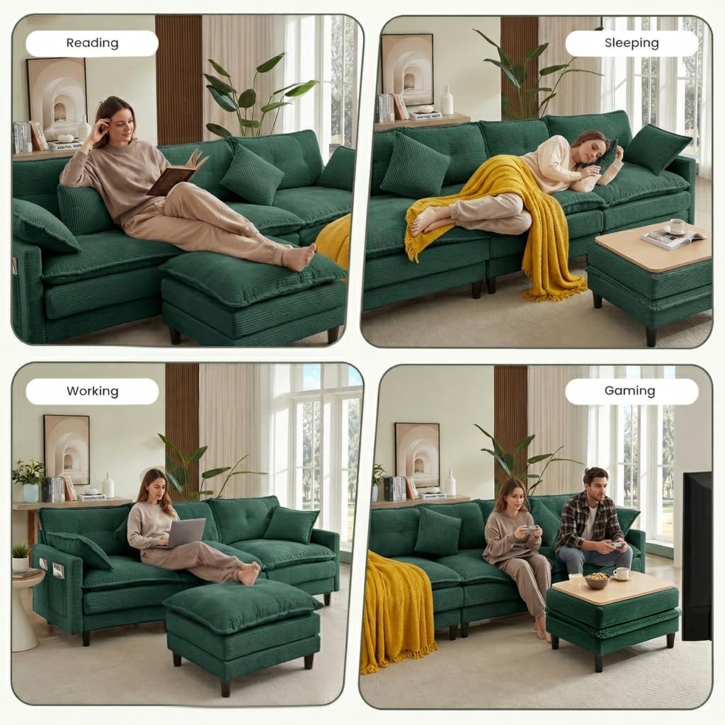 107.3'' Oversized Cloud Couch L Shaped Modular Sectional Sofa, Premier Comfy Corduroy Couch with Ottoman, Modern 3 Deep Seat Sectional Couches for Living Room, Solid Wood Frame&Spring,Tool-Free Green