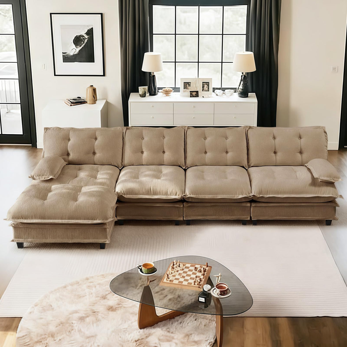 107.5" Modular Sectional Sofa-Chenille Deep 3 Seater L-Shaped Cloud Couch with Ottoman, Button Seat Cushions for Living Room & Apartment, Orange