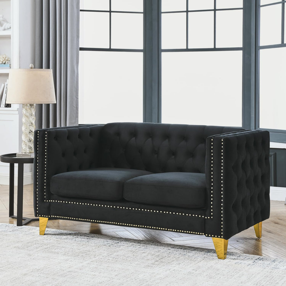 Velvet Sofa for Living Room Black Classic Chesterfield Room, Bedroom, Office Elegant Finish