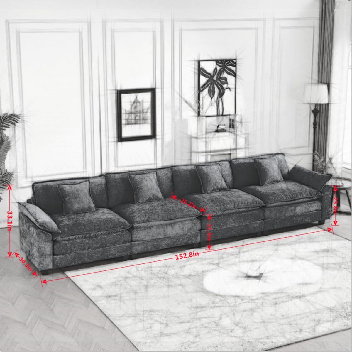 Wider Armrest 3 Seats Modern Sectional Couch Black Chenille Cloud Living Room Bedroom Apartment Cozy