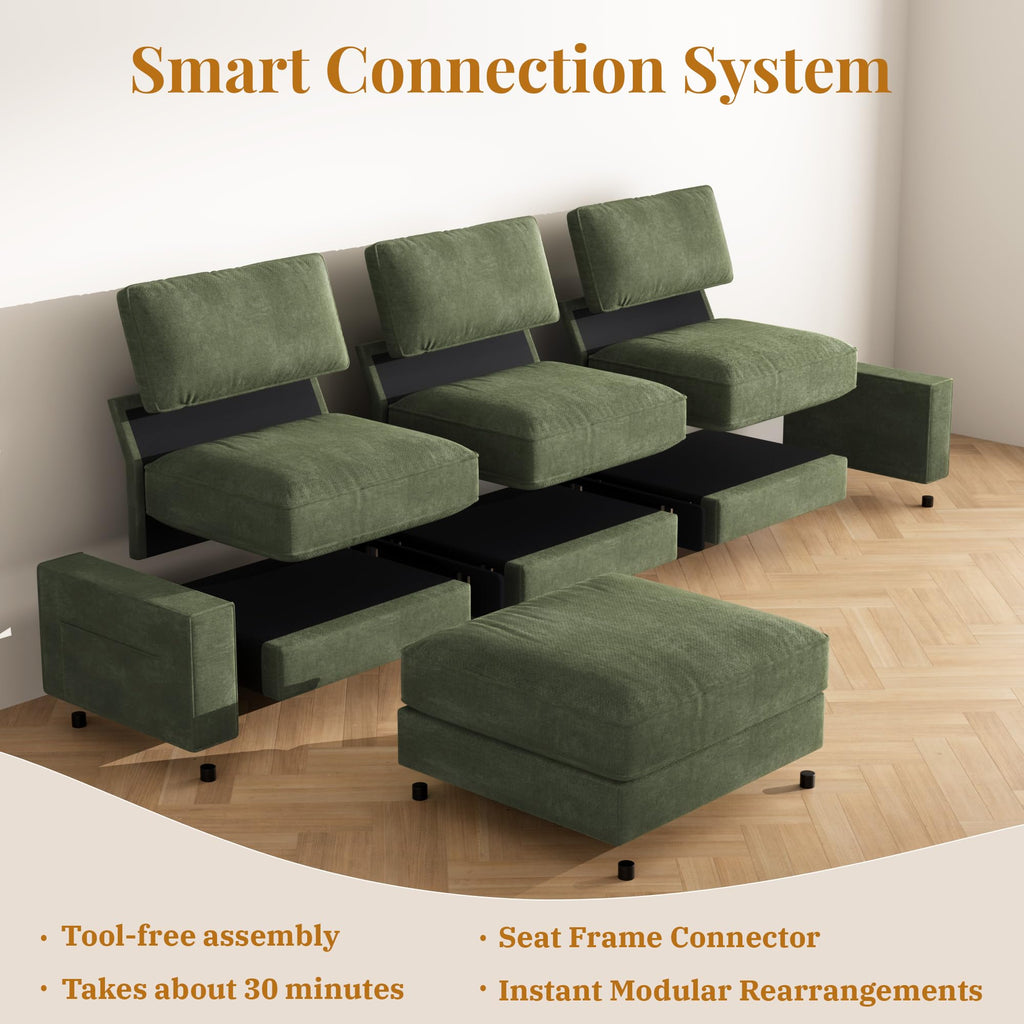 Vipbear 114" Modular Sectional L Shaped Sofa Couches,for Living Room,Oversized Cloud Couch with Movable Ottoman,Comfy Chenille Sofa with Pillow,Side Pockets,Bedroom,Apartment,Green