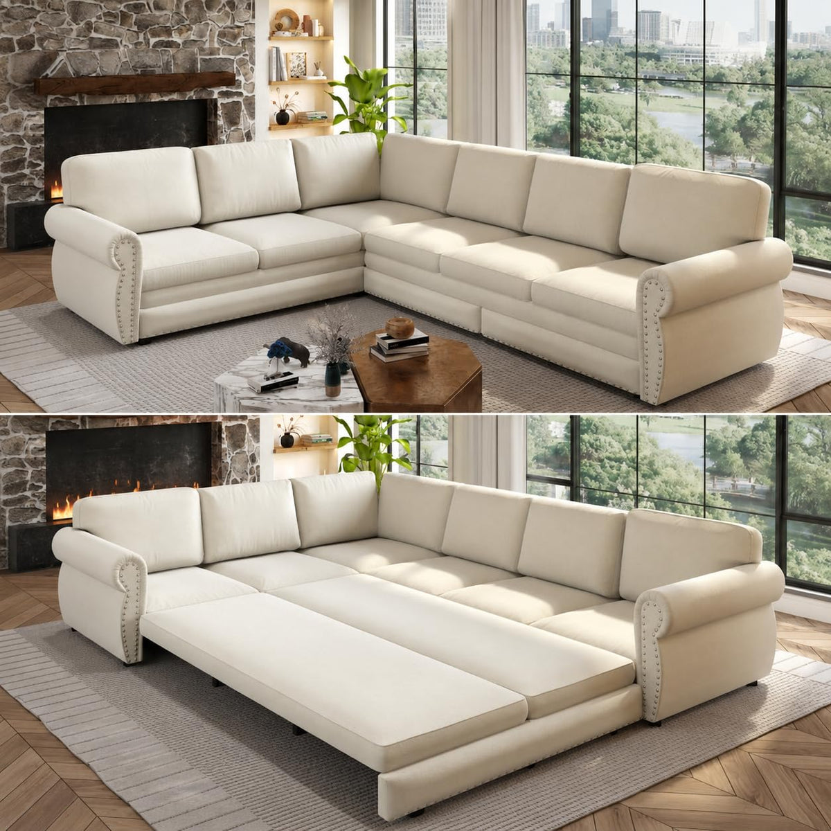 118" Sectional Sleeper Sofa with Pull Out Bed Chenille 6 Seater Couch