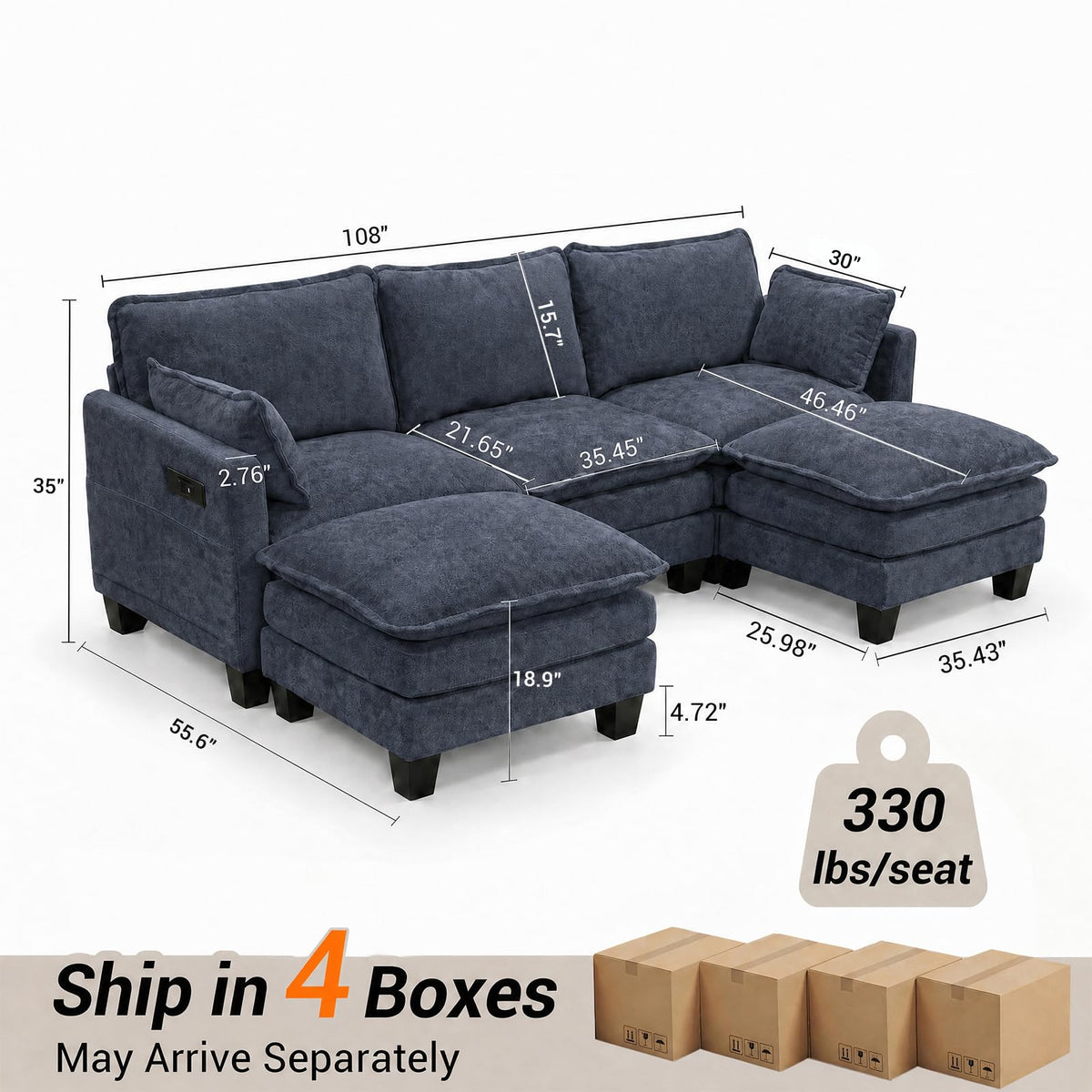 108" Modular Sectional Sofa Cloud Couch - U Shape Sofa with Charging Station Side Storage - Chenille Comfy Couches with Ottoman Movable for Living Room Bedroom Apartment Office, Blue