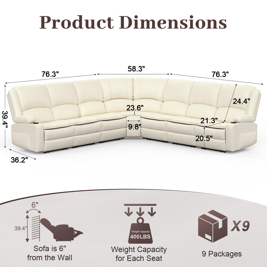 Yolsali Manual Reclining Sectional Sofa Set, 7 Seats Soft Leather Recliner