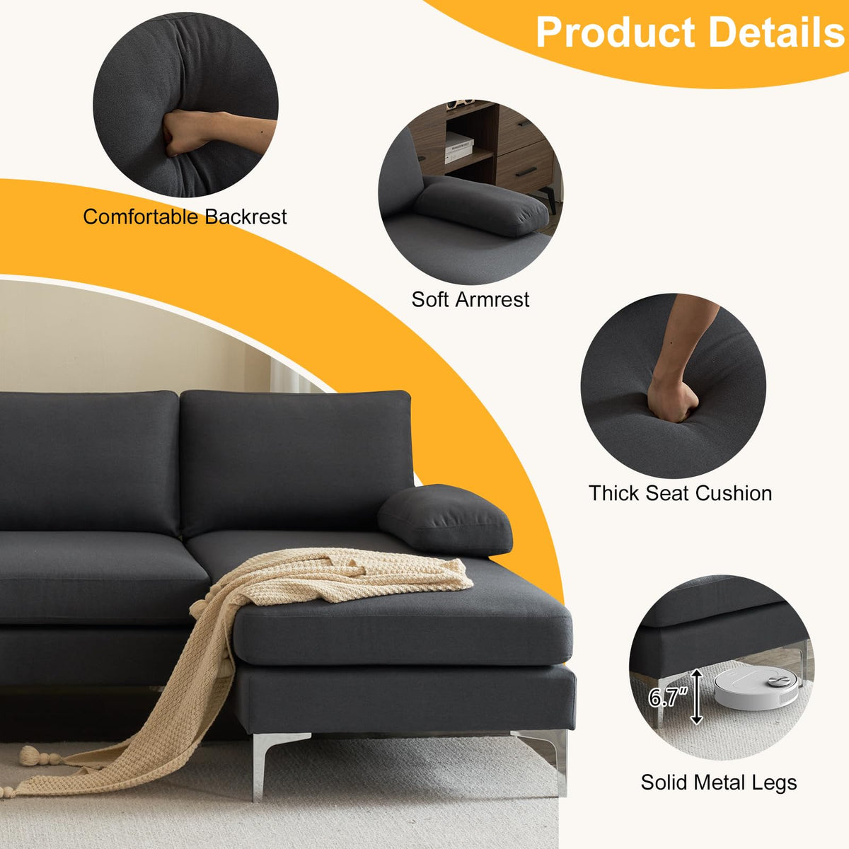 110" U-Shaped Sectional Sofa, 4-Seat Modular Couch with Double Chaise, Modern Linen Fabric Sofa for Living Room, Heavy Duty 1200lbs Capacity, Metal Legs, Dark Gray