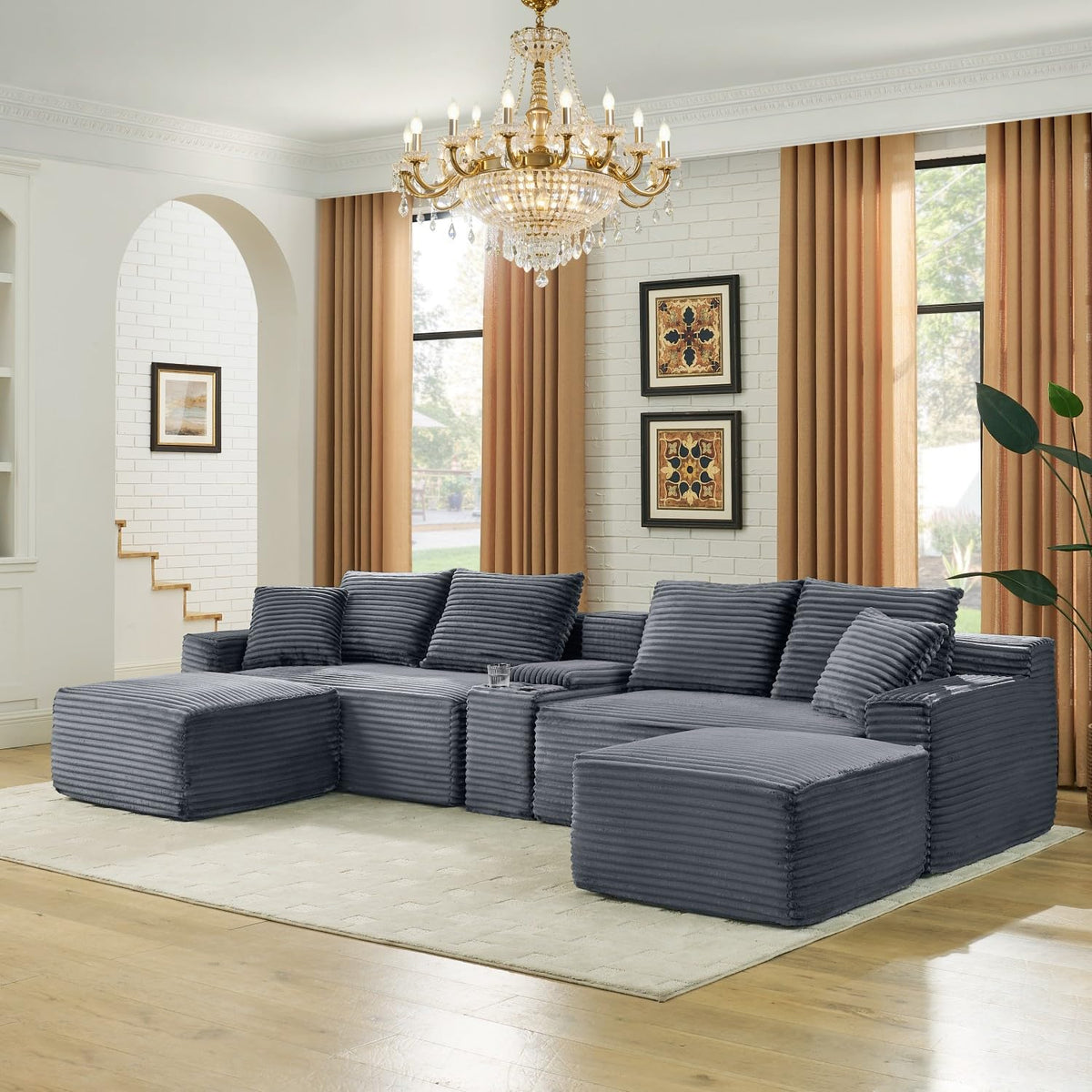 115" Modular Sectional Sofa, Corduroy U-Shaped Cloud Couch with Chaise ‌and Ottoman‌, No Assembly Boneless Couches for Living Room, Brown