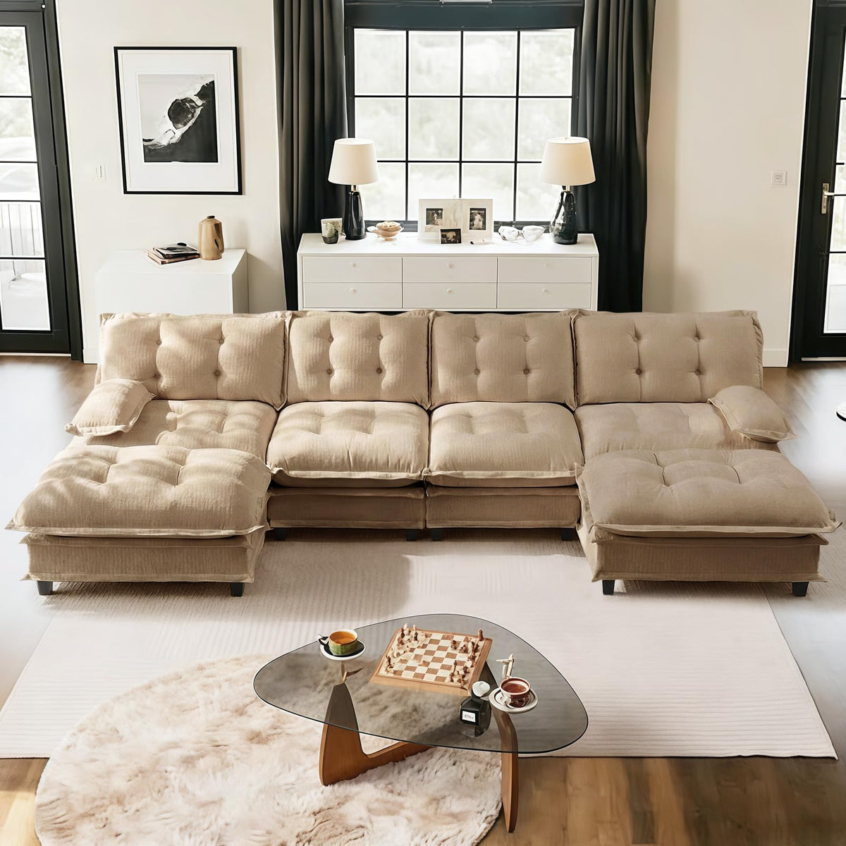 107.5" Modular Sectional Sofa-Chenille Deep 3 Seater L-Shaped Cloud Couch with Ottoman, Button Seat Cushions for Living Room & Apartment, Orange