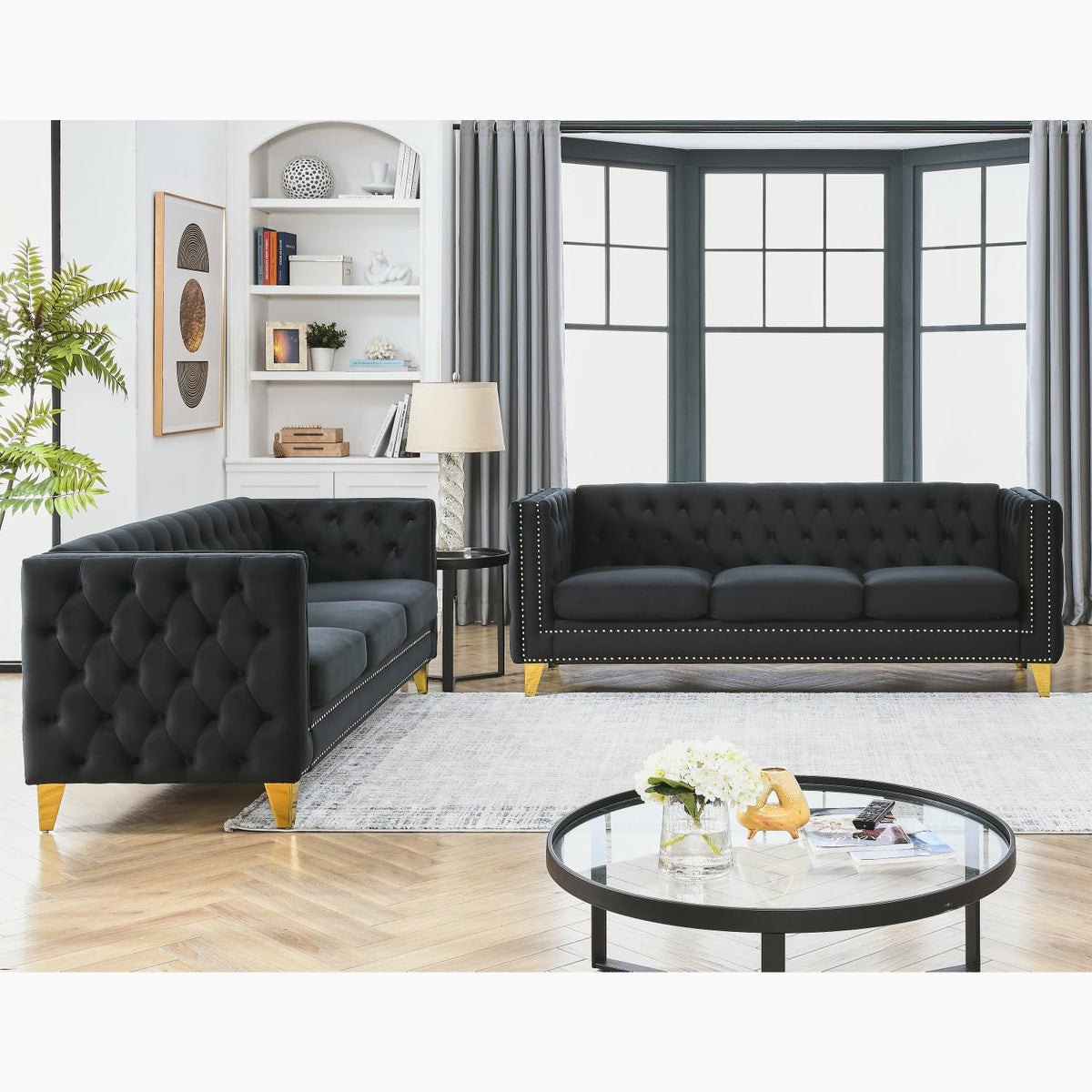 Velvet Sofa for Living Room Black Classic Chesterfield Room, Bedroom, Office Elegant