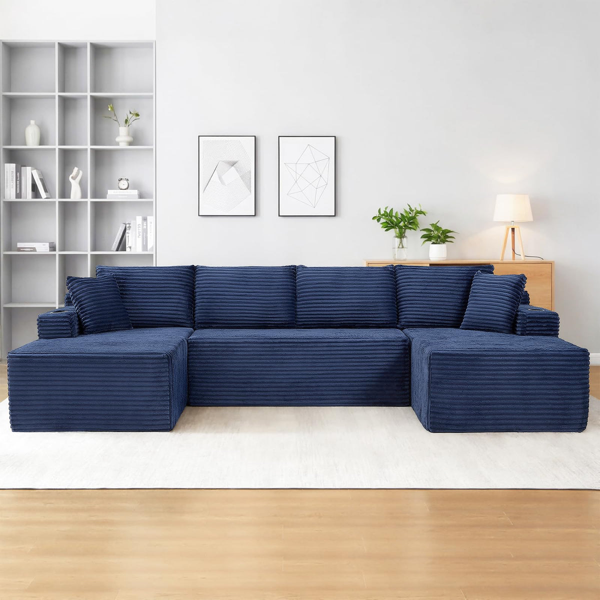 134" Modular Sectional Sofa Couch, Oversized U Shaped Boneless Couches with Side Pockets & Cup Holders, 4-Seater Modern Deep Seat Corduroy Sofa for Living Room, No Assembly, Black