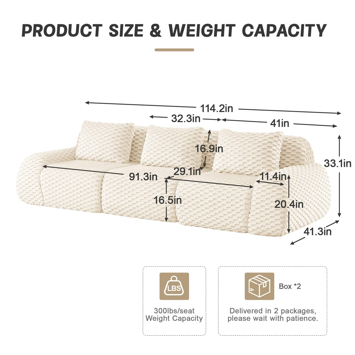 114" Modular Sectional Sofa for Living Room,Flannelette Fabric,Oversized 3 Seater Couch,Boneless Sofa,Deep Seat,Buckle Connection,Anti Slip Design,No Assembly,Cream