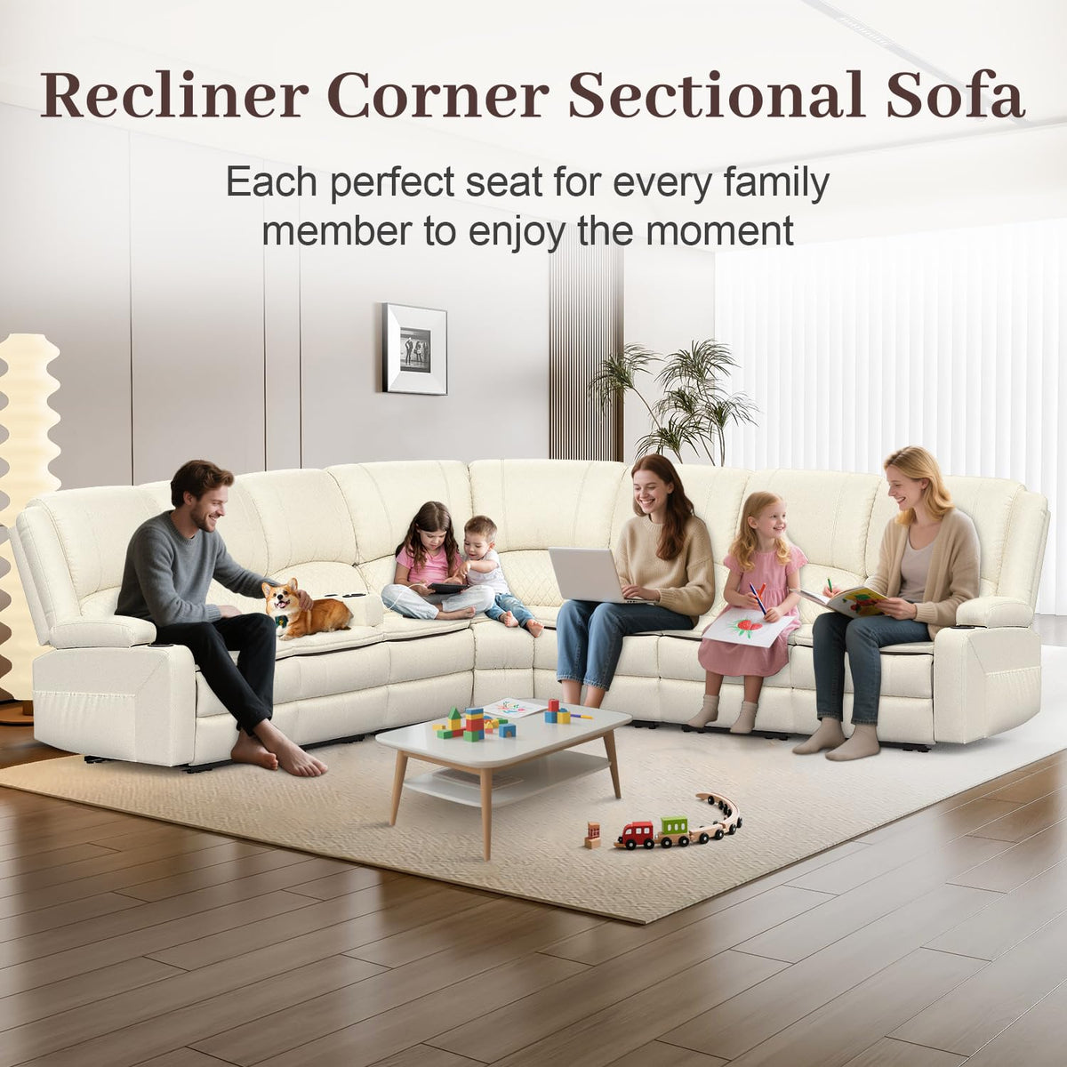 Yolsali Manual Reclining Sectional Sofa Set, 7 Seats Soft Leather Recliner