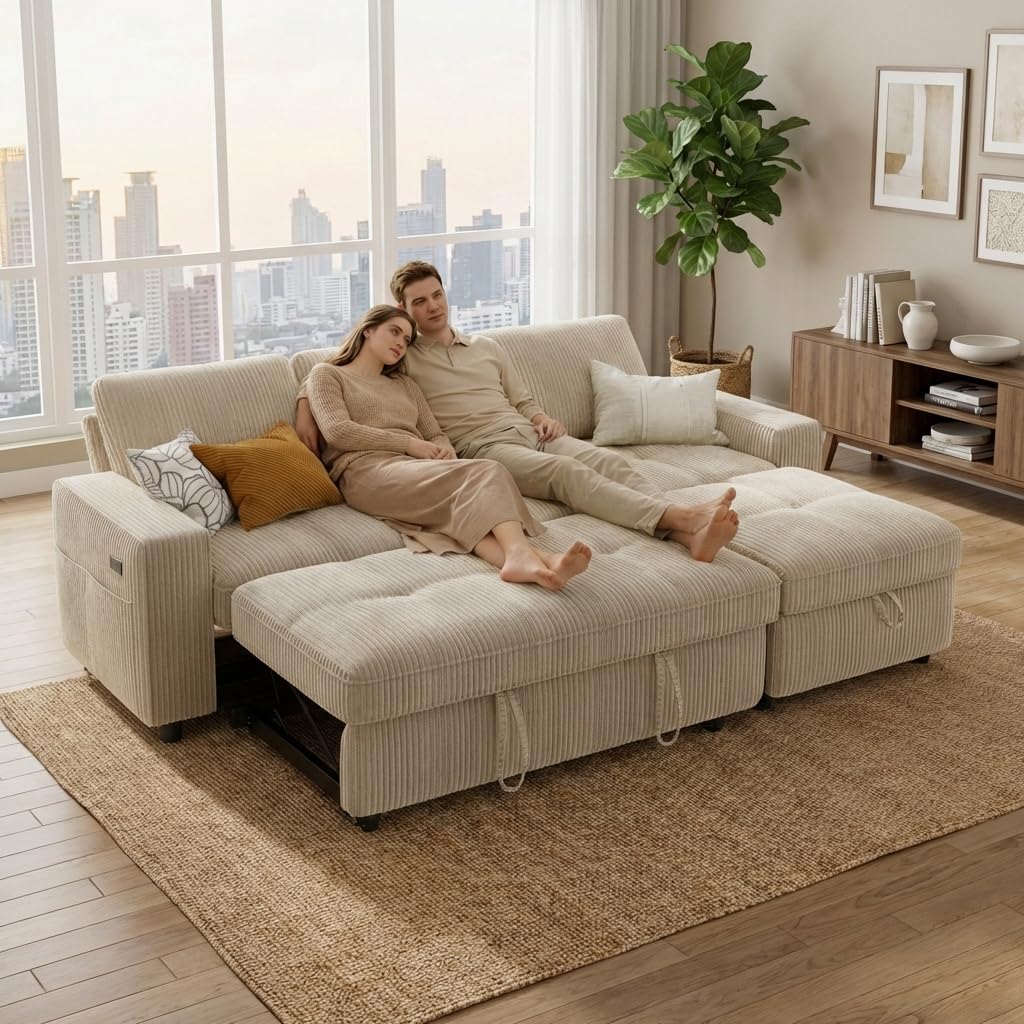 WEUP 105" Sectional Sofa with Pull Out Bed, U Shaped 4 Seat Sleeper Sofa with 2 Storages, Adjustable Backrest, USB Ports, Tool-Free Assembly, Plush Corduroy Sectional Couches for Living Room, Beige
