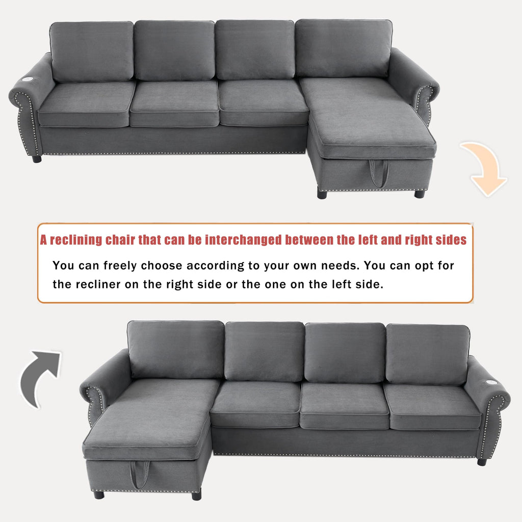 106.5" Convertible Sleeper Sofa Bed with Pull Out Couch, Dark Grey L Shaped Couch with Storage Chaise & Memory Mattress, Modular Sectional Couches with Wireless Charging & USB for Living Room
