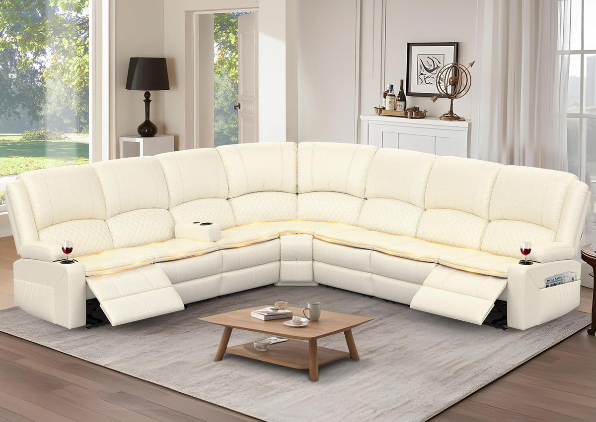 Yolsali Manual Reclining Sectional Sofa Set, 7 Seats Soft Leather Recliner