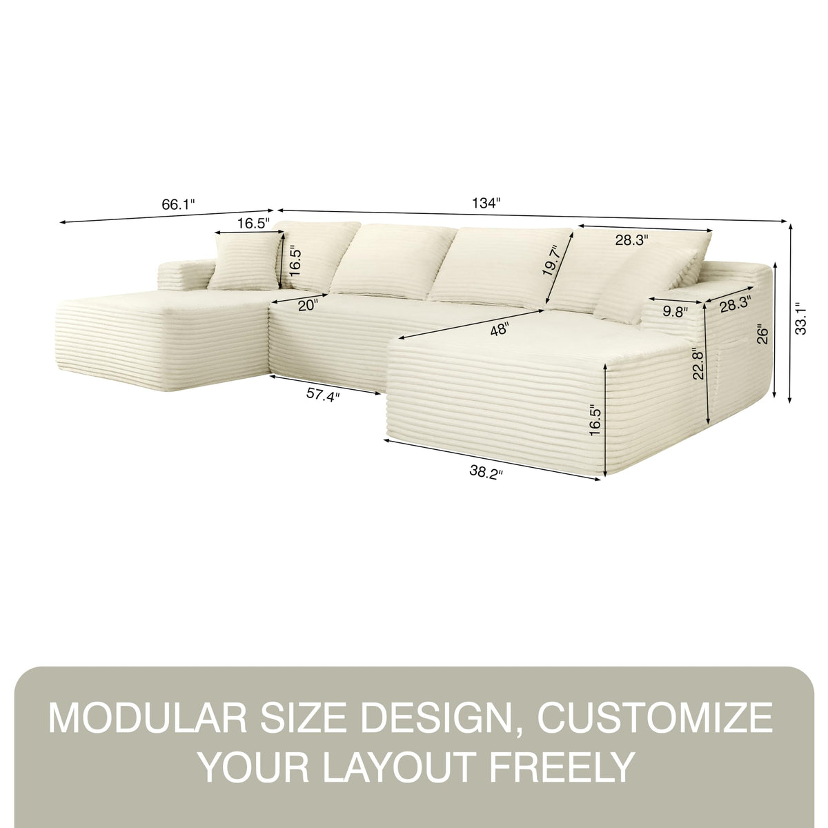 THSUPER Beige 134'' Oversized U Shaped Sectional Boneless Couches