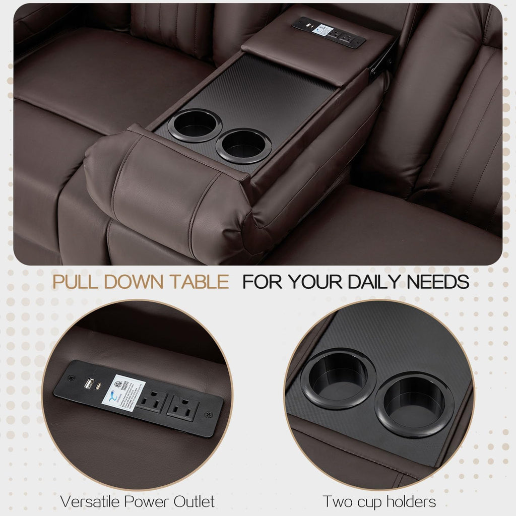 YODOLLA Reclining Loveseat Sofa with Dual Center Console, 4 Cup Holders, 2 Side Pockets, Manual Wall Hugger Recliner Couch for RV and Living Room, Faux Leather Brown