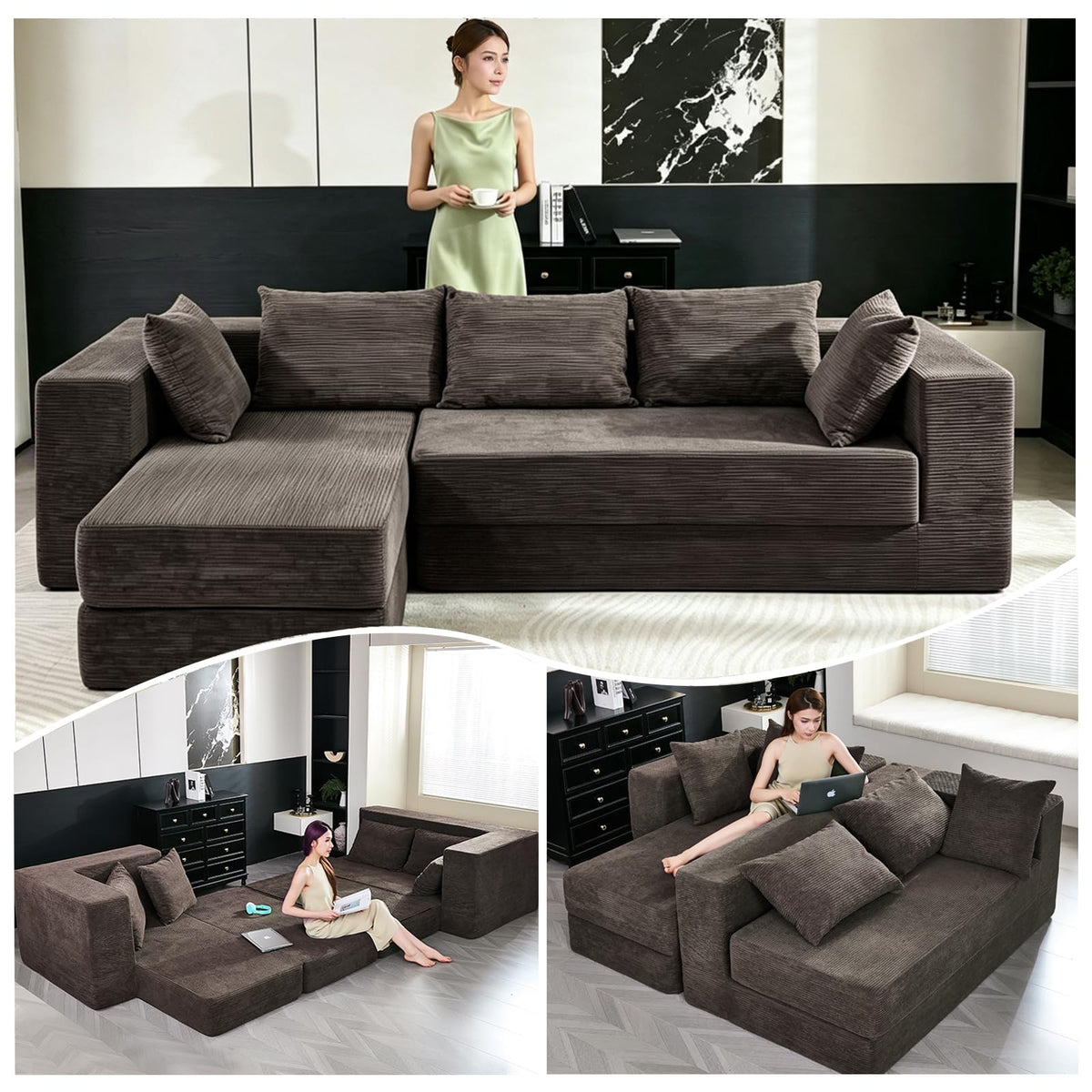 108" Boneless Sectional Chaise Couch, 17.5" Seat Height,Black Grey