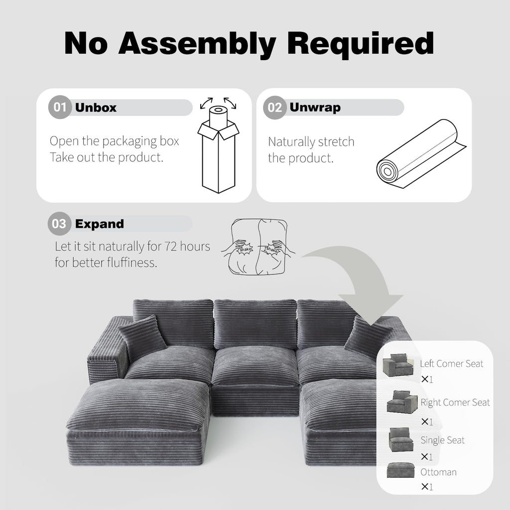 108" Cloud Sectional Couch with L Shape Chaise, Left Right Interchangeable,Modular Sofa with Deep Seat, Upholstered Couches for Living Room Bedroom,No Assembly Required, Soft Plush Corduroy Fab NV223