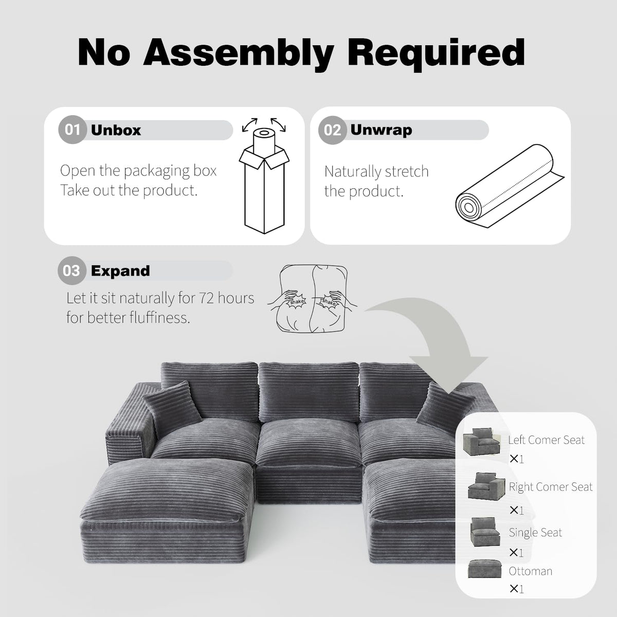 108" Cloud Sectional Couch with L Shape Chaise, Left Right Interchangeable,Modular Sofa with Deep Seat, Upholstered Couches for Living Room Bedroom,No Assembly Required, Soft Plush Corduroy Fab NV223