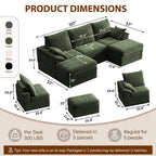 107" Modular Sectional Sofa Boneless Couch with Storage,U-Shape 3 Seat Comfy Modern Cloud Couch Sofa with Ottoman, 27" Deep Seat Corduroy Sofa for Living Room, Tool-Free Assembly - Green