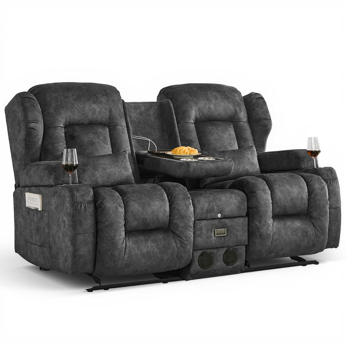 URRED Manual Loveseat Rocker Recliner Sofa with Console，Dark Gray